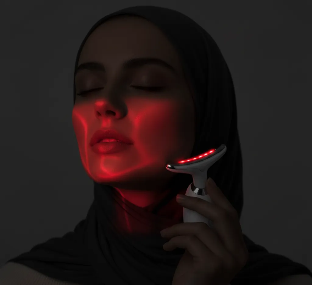 سيدة تستخدم جهاز الضوء الأحمر