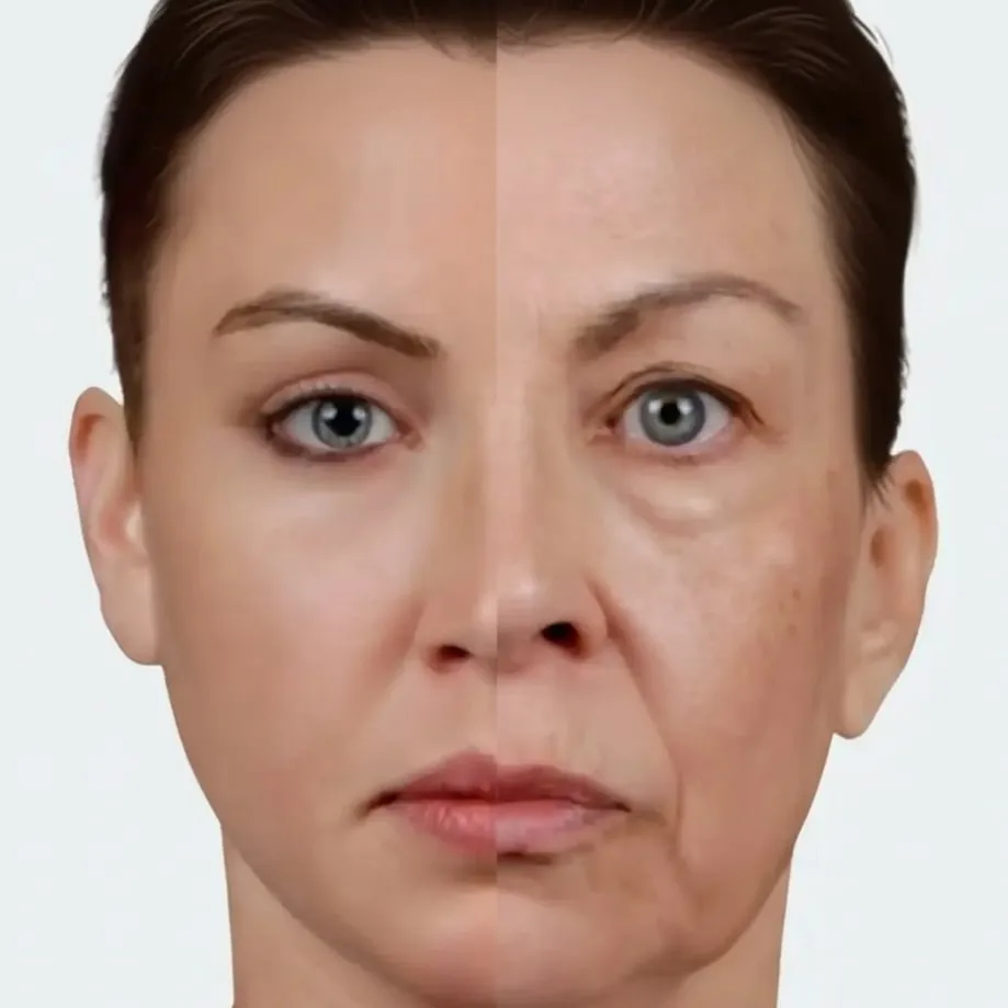 سيدة تعاني من بشرة باهتة وتنظر في المرآة